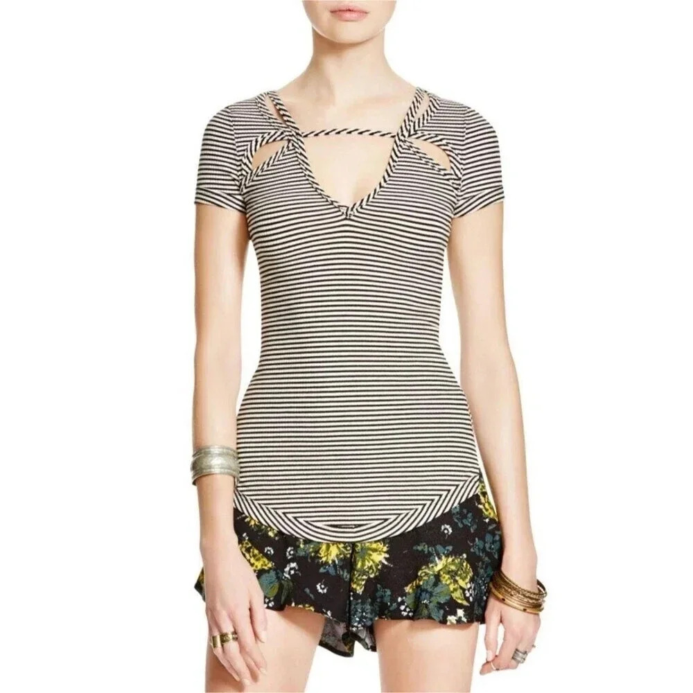 Free People Blue Striped Cream Comb Cut Out Tee XS